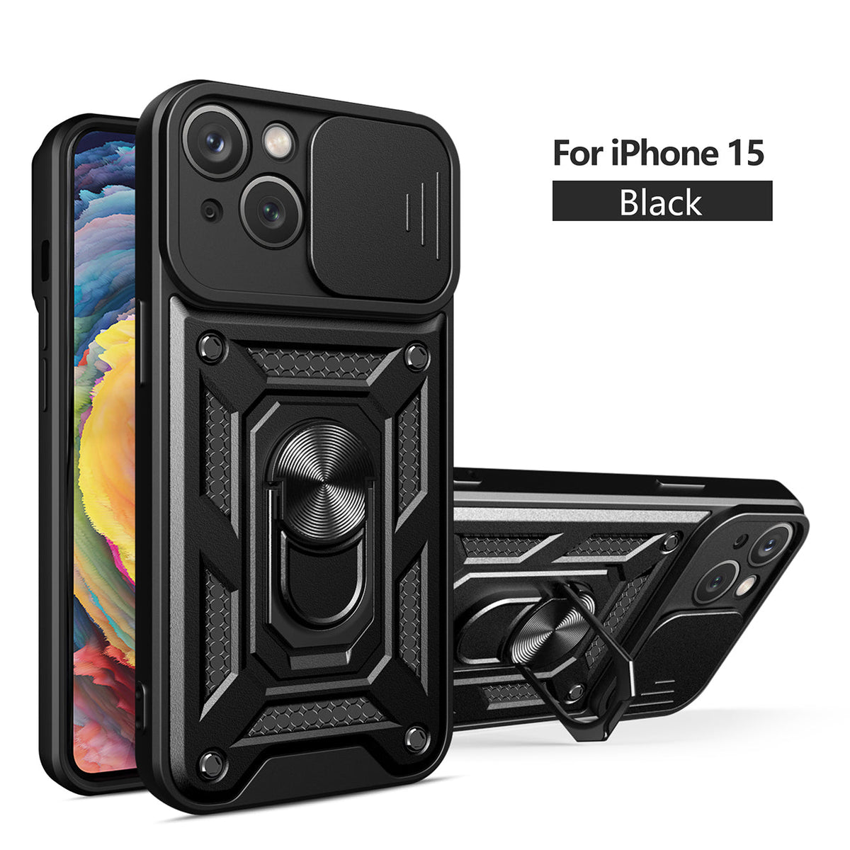 IPHONE 15  Compatible Kickstand Ring Holder with Slide Camera Cover TPU Magnetic Car Mount for APPLE IPHONE 15 In Black - Shockproof Protection by CELL DEMAND