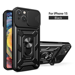 IPHONE 15  Compatible Kickstand Ring Holder with Slide Camera Cover TPU Magnetic Car Mount for APPLE IPHONE 15 In Black - Shockproof Protection by CELL DEMAND