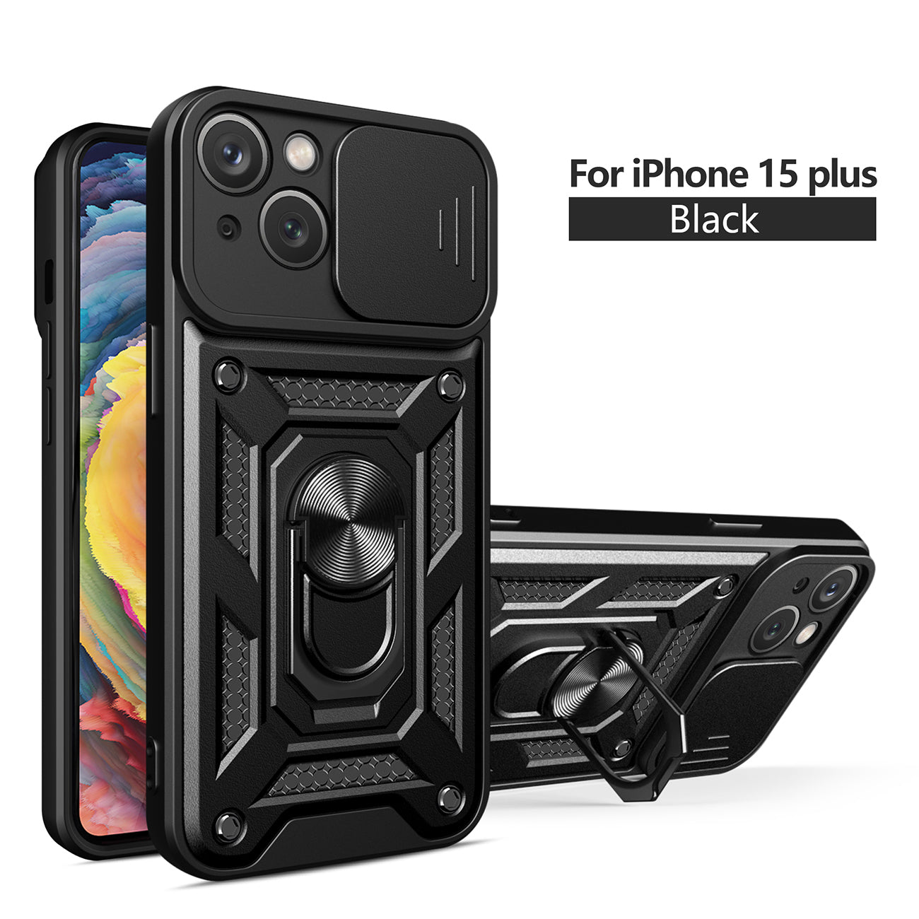 IPHONE 15 PLUS Compatible Kickstand Ring Holder with Slide Camera Cover TPU Magnetic Car Mount for APPLE IPHONE 15 PLUS In Black - Crystal Clear Protection by CELL DEMAND