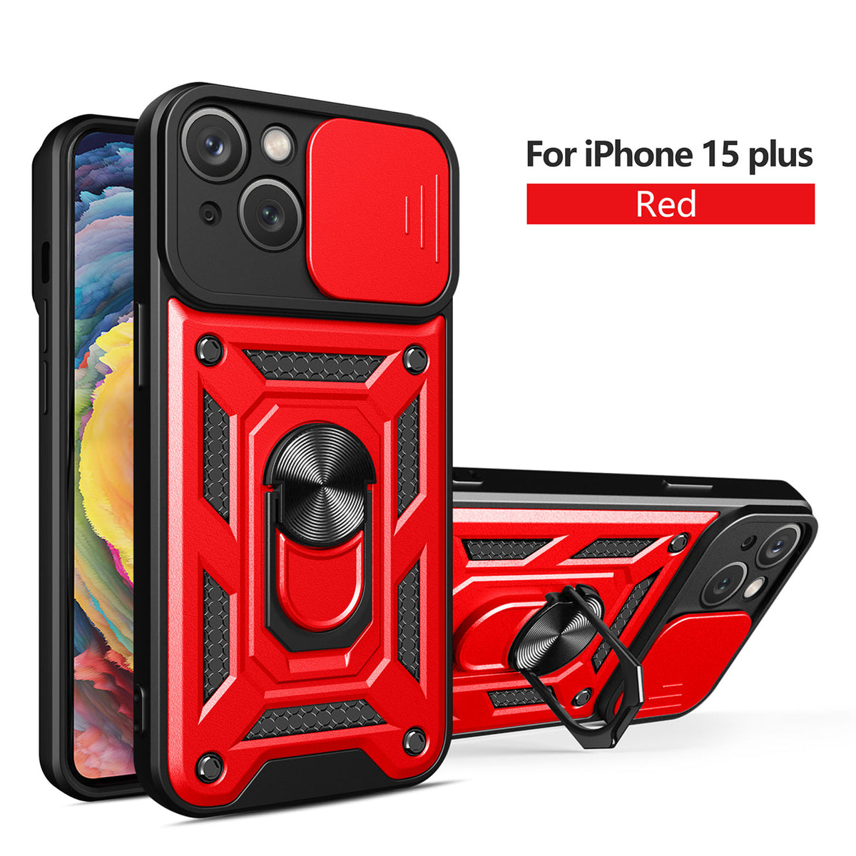 IPHONE 15 PLUS Compatible Kickstand Ring Holder with Slide Camera Cover TPU Magnetic Car Mount for APPLE IPHONE 15 PLUS In Red - Premium Protection by CELL DEMAND