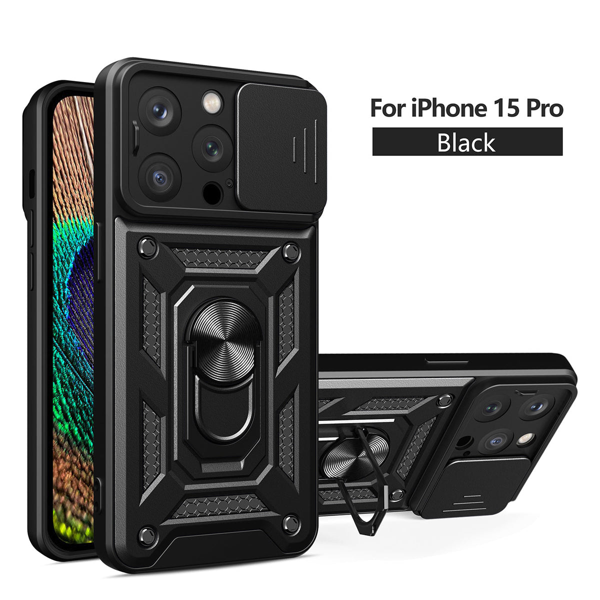 IPHONE 15 PRO Compatible Kickstand Ring Holder with Slide Camera Cover TPU Magnetic Car Mount for APPLE IPHONE 15 PRO In Black - Heavy Duty Protection by CELL DEMAND