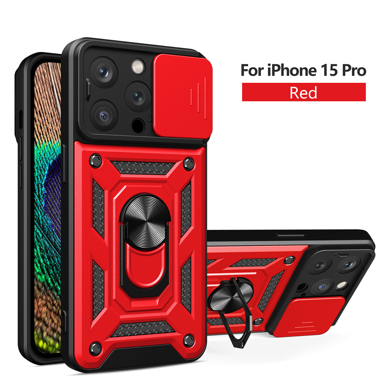 IPHONE 15 PRO Compatible Kickstand Ring Holder with Slide Camera Cover TPU Magnetic Car Mount for APPLE IPHONE 15 PRO In Red - Crystal Clear Protection by CELL DEMAND