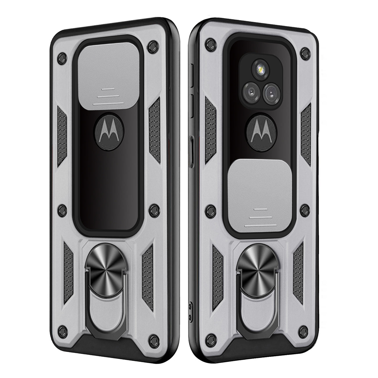 Kickstand Ring Holder with Slide Camera Cover TPU Shockproof Case and Magnetic Car Mount for MOTOROLA G PLAY In Silver In Silver - Ultra-Slim & Reliable | CELL DEMAND Official