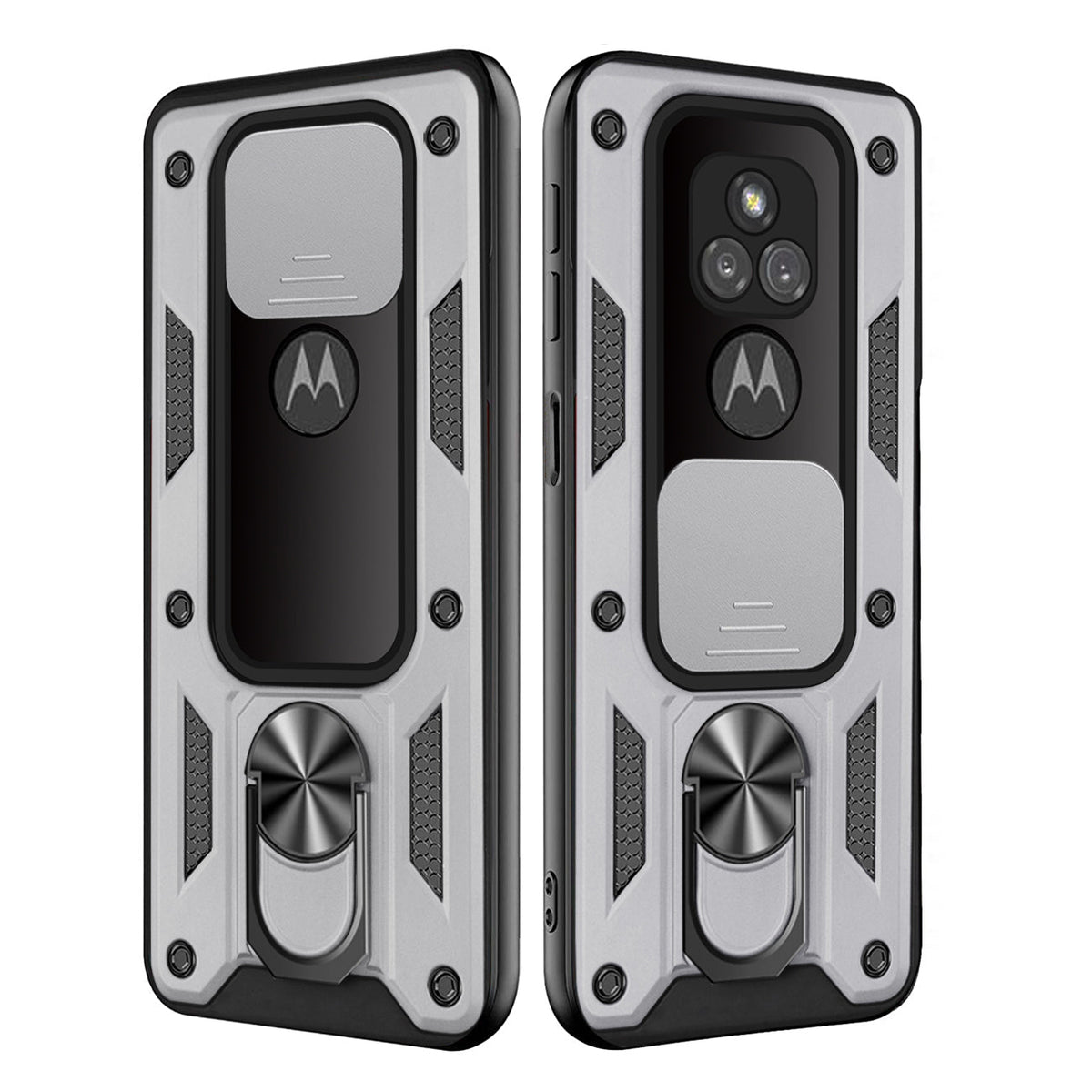 Kickstand Ring Holder with Slide Camera Cover TPU Shockproof Case and Magnetic Car Mount for MOTOROLA G PLAY In Silver In Silver - Ultra-Slim & Reliable | CELL DEMAND Official