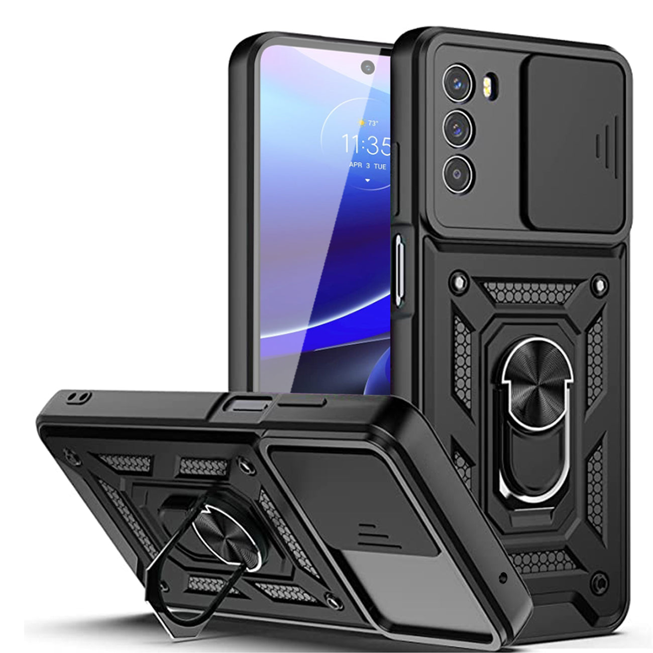 Kickstand Ring Holder with Slide Camera Cover TPU Shockproof Case and Magnetic Car Mount for MOTO G STYLUS 5G (2022) In Black - Crystal Clear & Reliable | CELL DEMAND Official