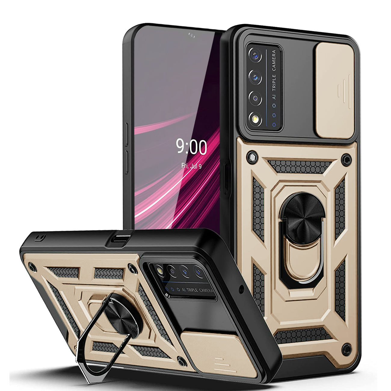 Kickstand Ring Holder with Slide Camera Cover TPU Magnetic Car Mount for REVVL V PLUS 5G In Gold - Shockproof & Reliable | CELL DEMAND Official