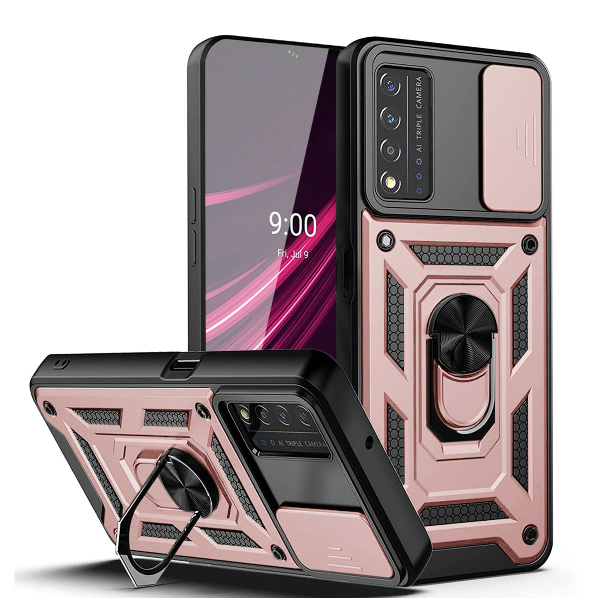 Kickstand Ring Holder & Slide Camera Cover Magnetic Car Mount for REVVL V PLUS 5G In Rose gold - Premium & Reliable | CELL DEMAND Official