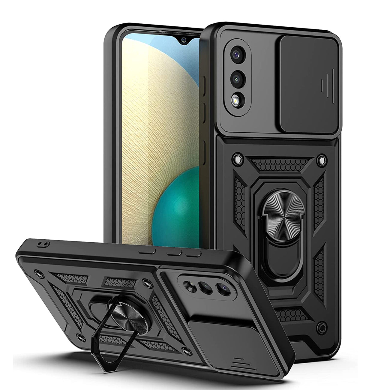 Kickstand Ring Holder with Slide Camera Cover TPU Shockproof Case and Magnetic Car Mount for SAMSUNG GALAXY A02/M02 In Black - Premium & Reliable | CELL DEMAND Official