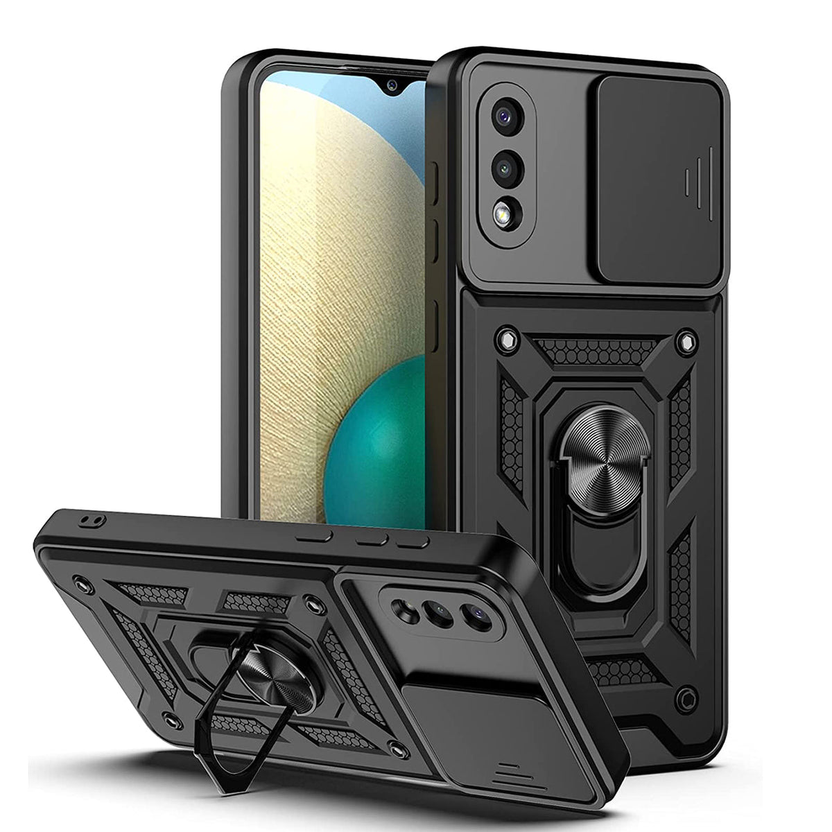 Kickstand Ring Holder with Slide Camera Cover TPU Shockproof Case and Magnetic Car Mount for SAMSUNG GALAXY A02/M02 In Black - Premium & Reliable | CELL DEMAND Official