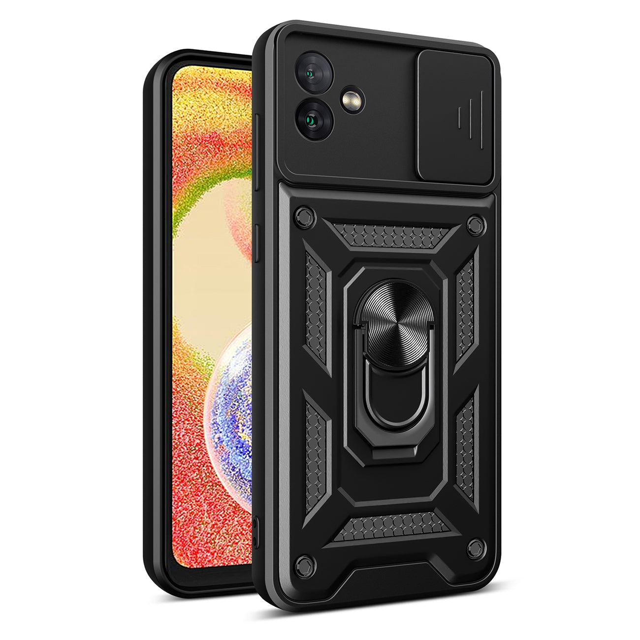 Kickstand Ring Holder with Slide Camera Cover TPU Magnetic Car Mount for GALAXY A04 In Black - Ultra-Slim & Reliable | CELL DEMAND Official