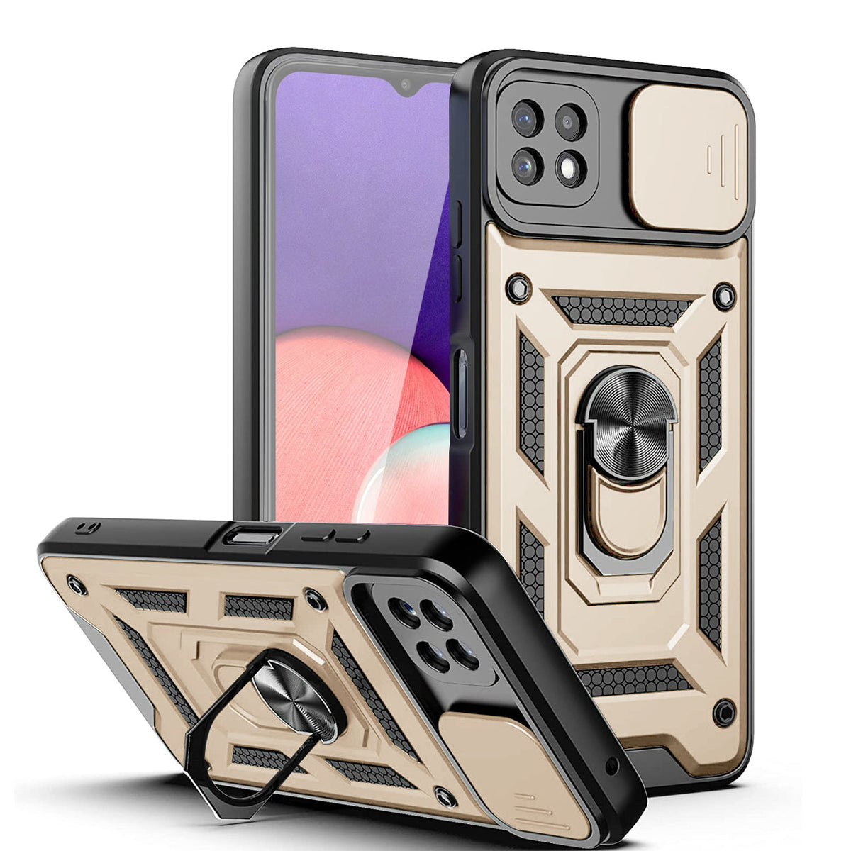 Kickstand Ring Holder with Slide Camera Cover TPU Magnetic Car Mount for GALAXY A22 5G In Gold - Durable & Reliable | CELL DEMAND Official