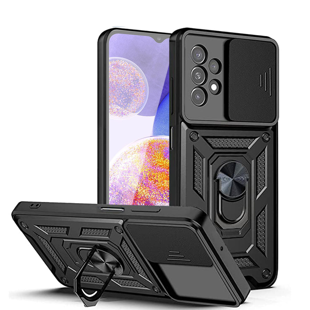 Kickstand Ring Holder with Slide Camera Cover TPU Shockproof Case and Magnetic Car Mount for SAMSUNG GALAXY A23 In Black - Ultra-Slim & Reliable | CELL DEMAND Official