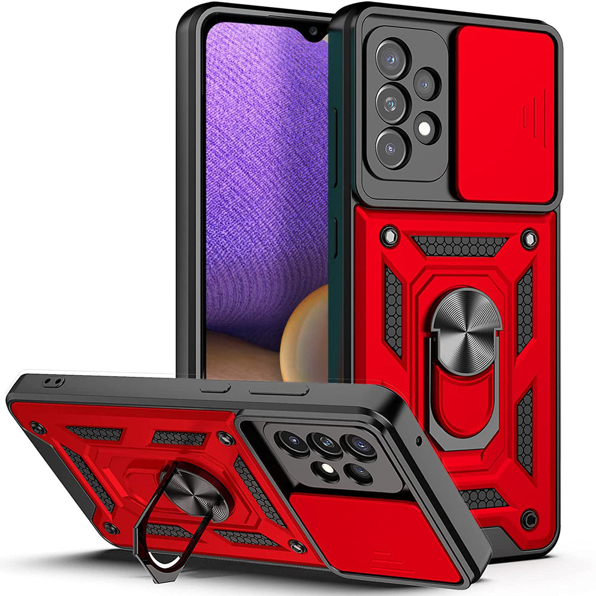 Kickstand Ring Holder with Slide Camera Cover TPU Shockproof Case and Magnetic Car Mount for SAMSUNG GALAXY A52 5G In Red - Shockproof & Reliable | CELL DEMAND Official