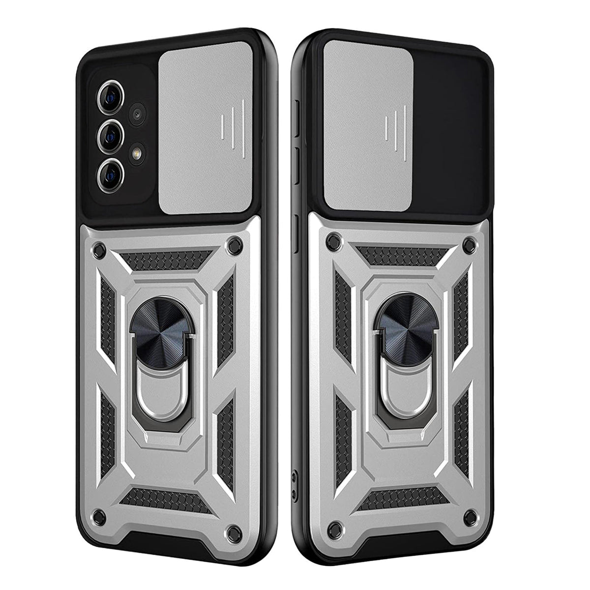 Kickstand Ring Holder with Slide Camera Cover TPU Shockproof Case and Magnetic Car Mount for SAMSUNG GALAXY A72 5G In Silver - Durable & Reliable | CELL DEMAND Official