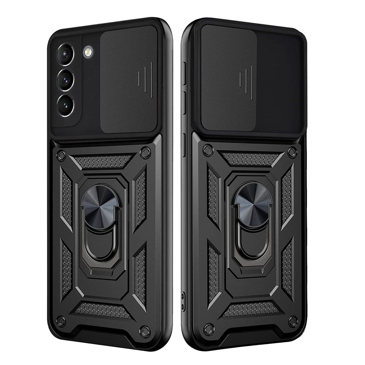 Kickstand Ring Holder with Slide Camera Cover TPU Shockproof Case and Magnetic Car Mount for SAMSUNG GALAXY S21 FE In Black - Shockproof & Reliable | CELL DEMAND Official