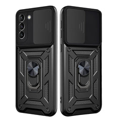 Kickstand Ring Holder with Slide Camera Cover TPU Shockproof Case and Magnetic Car Mount for SAMSUNG GALAXY S21 FE In Black - Shockproof & Reliable | CELL DEMAND Official