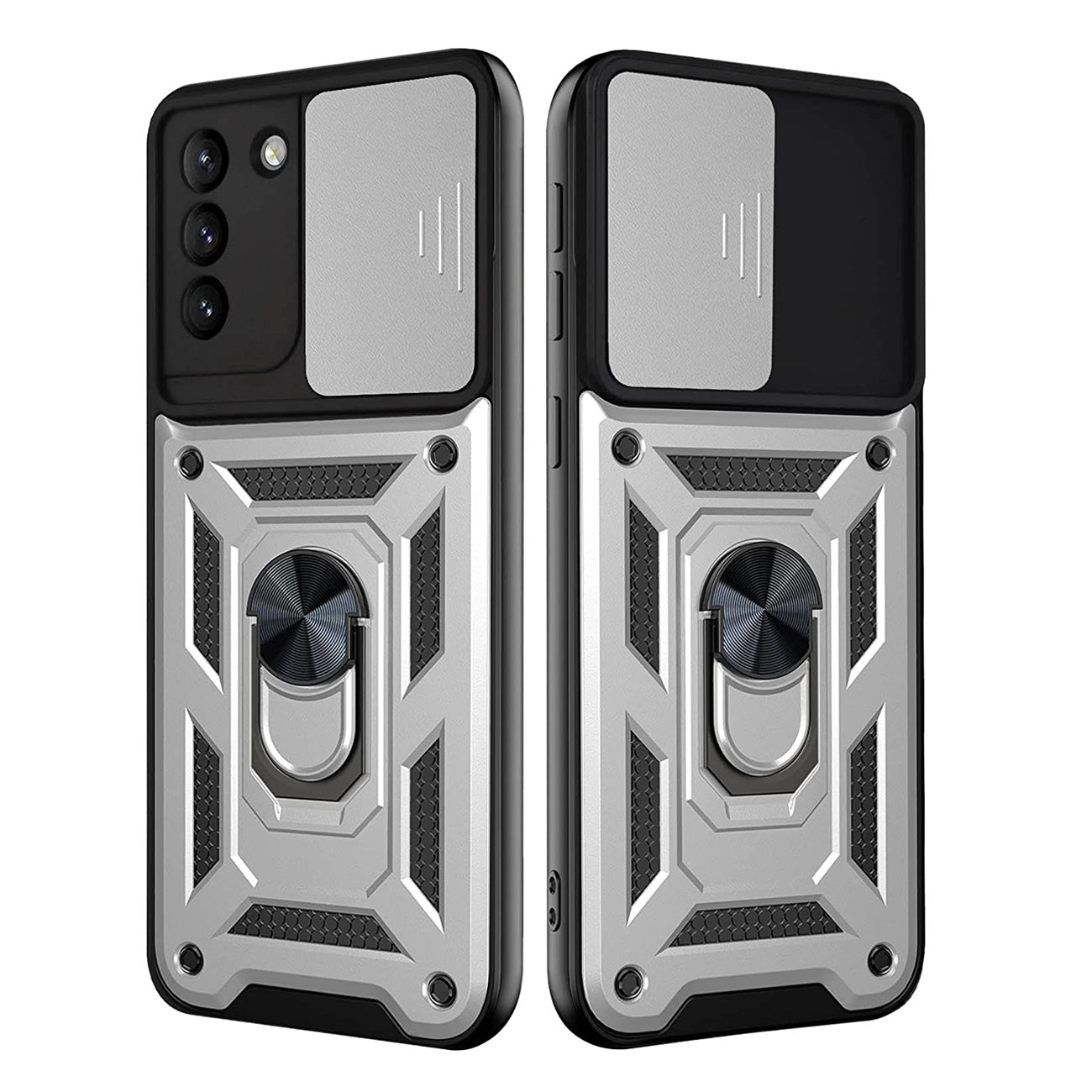 Kickstand Ring Holder with Slide Camera Cover TPU Shockproof Case and Magnetic Car Mount for SAMSUNG GALAXY S21/S30 In Silver - Crystal Clear & Reliable | CELL DEMAND Official