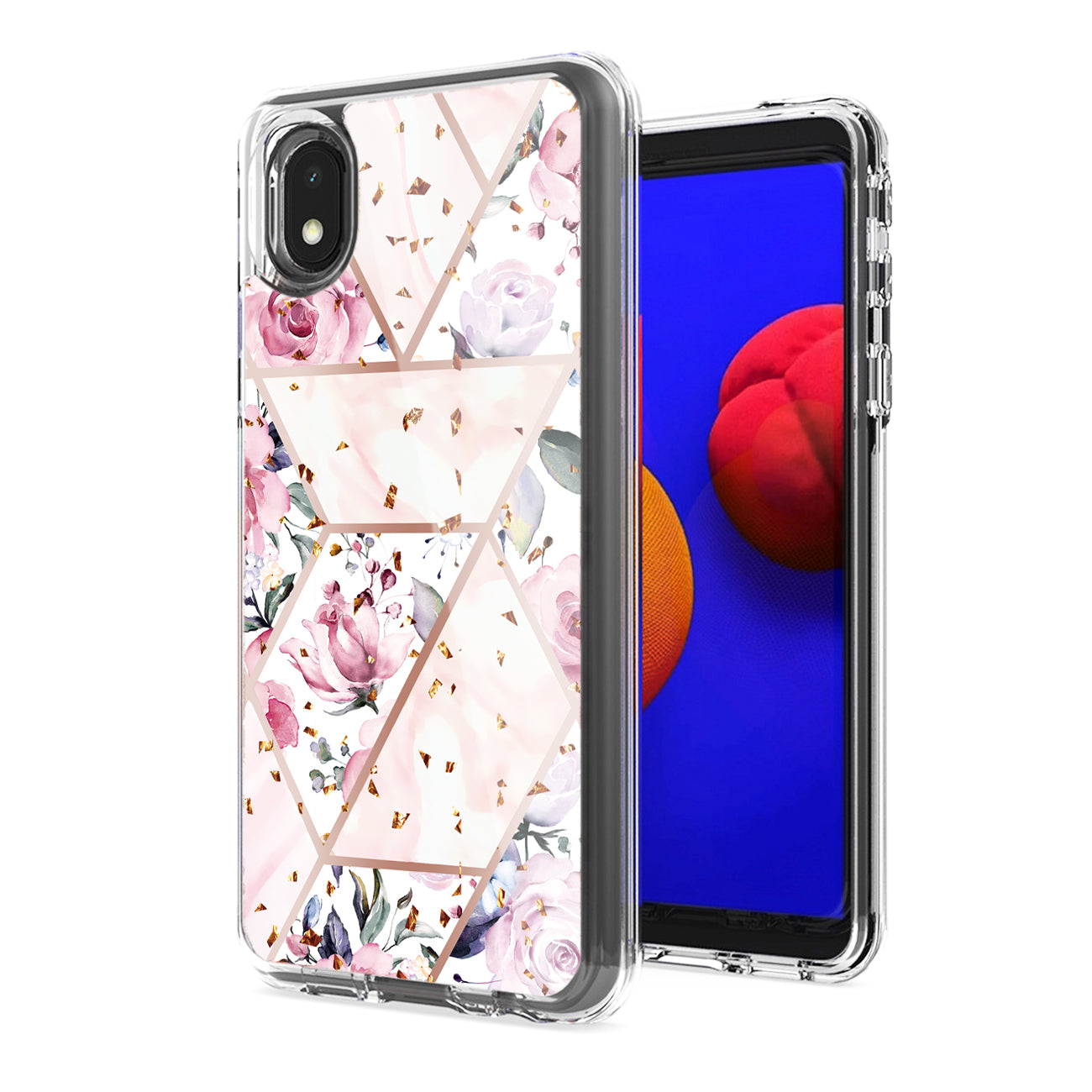 Flower Design Pattern Printing Dual Layer Hybrid Hard Plastic and Soft TPU Rubber Case Cover for SAMSUNG GALAXY A01 CORE In Pink Base Flower - Shockproof & Reliable | CELL DEMAND Official