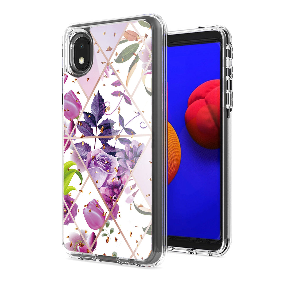 Flower Design Pattern Printing Dual Layer Hybrid Hard Plastic and Soft TPU Rubber Case Cover for SAMSUNG GALAXY A01 CORE In Purple Base Flower - Shockproof & Reliable | CELL DEMAND Official