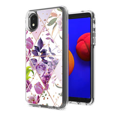 Flower Design Pattern Printing Dual Layer Hybrid Hard Plastic and Soft TPU Rubber Case Cover for SAMSUNG GALAXY A01 CORE In Purple Base Flower - Shockproof & Reliable | CELL DEMAND Official