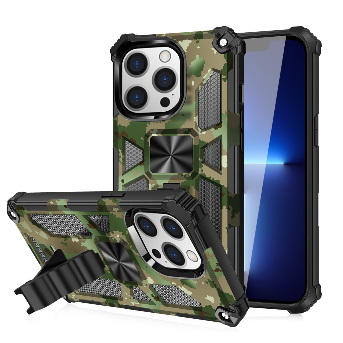 IPHONE 13 PRO Compatible Built-in Kickstand TPU Case with Magnetic Mount for APPLE IPHONE 13 PRO in Camouflage - Ultra-Slim Protection by CELL DEMAND