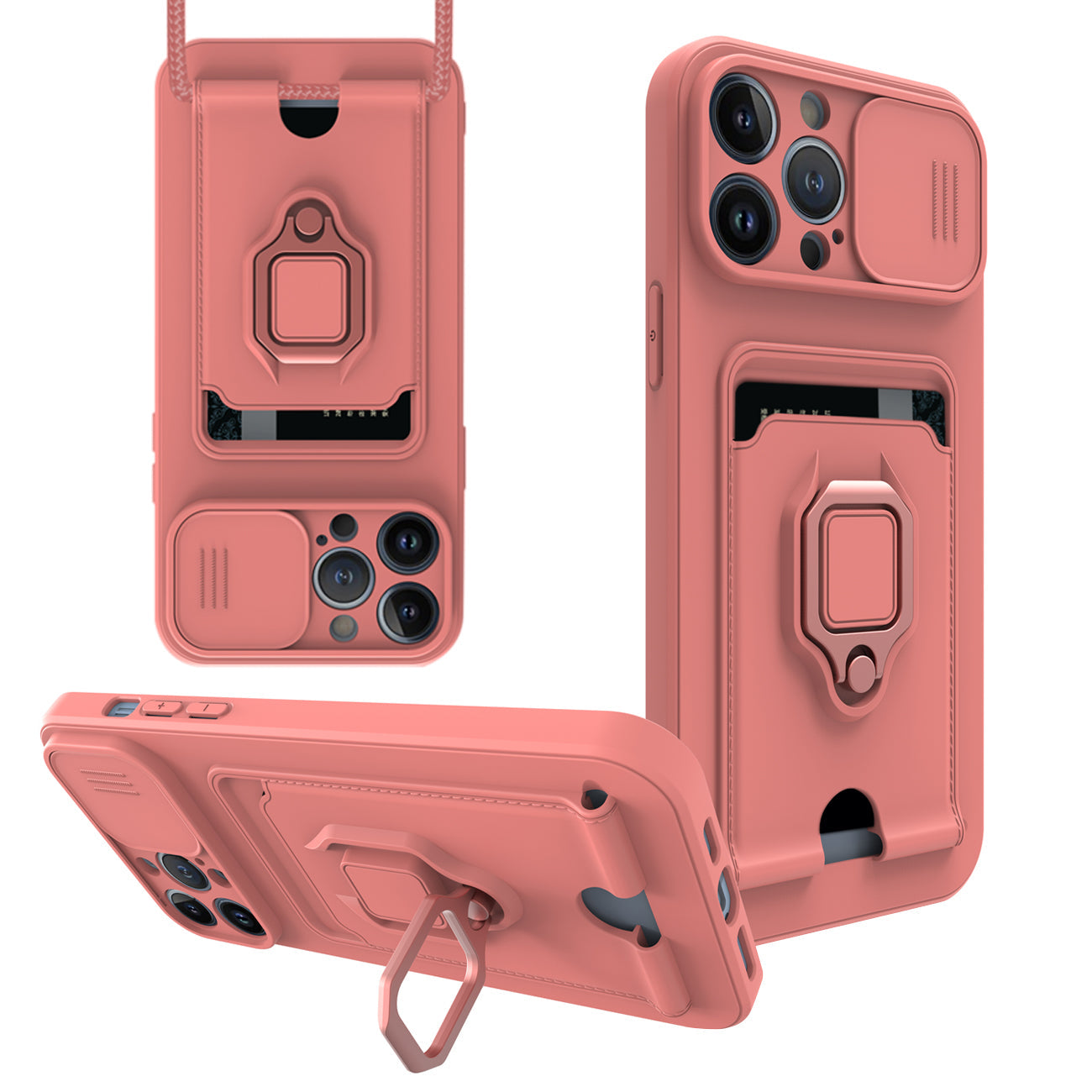 iPhone 12 Max Compatible High Quality iPhone 12 Max Case with Camera cover, Kickstand, Slide lens protection, Magnetic ring stand, Crossbody strap and Card holder In Pink - Crystal Clear Protection by CELL DEMAND