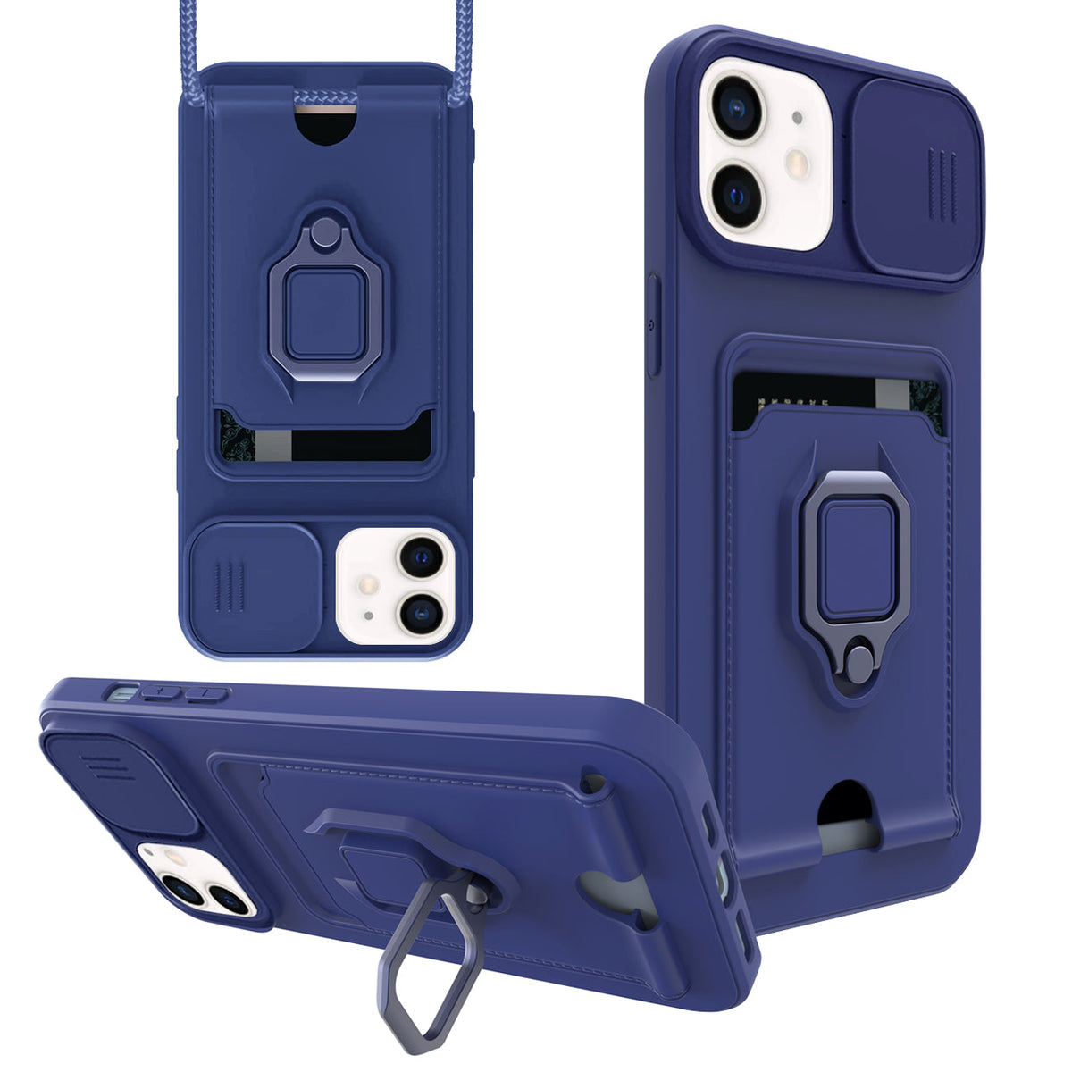 iPhone 12  Compatible High Quality iPhone 12 Case with Camera cover, Kickstand, Slide lens protection, Magnetic ring stand, Crossbody strap and Card holder In Navy - Crystal Clear Protection by CELL DEMAND