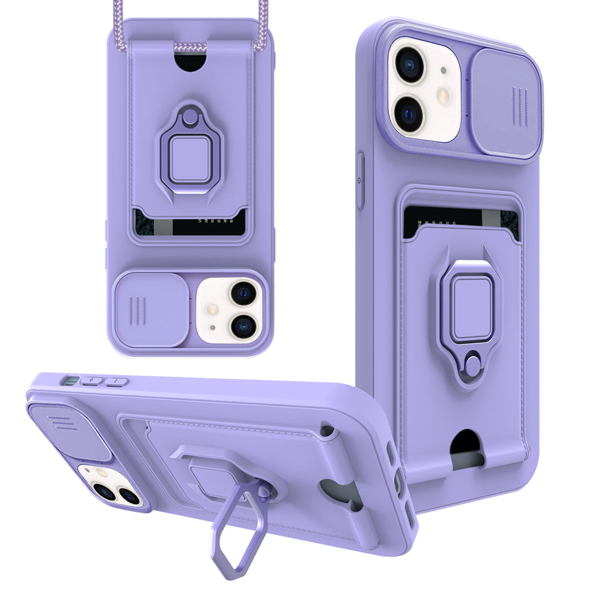 iPhone 12  Compatible High Quality iPhone 12 Case with Camera cover, Kickstand, Slide lens protection, Magnetic ring stand, Crossbody strap and Card holder In Purple - Ultra-Slim Protection by CELL DEMAND