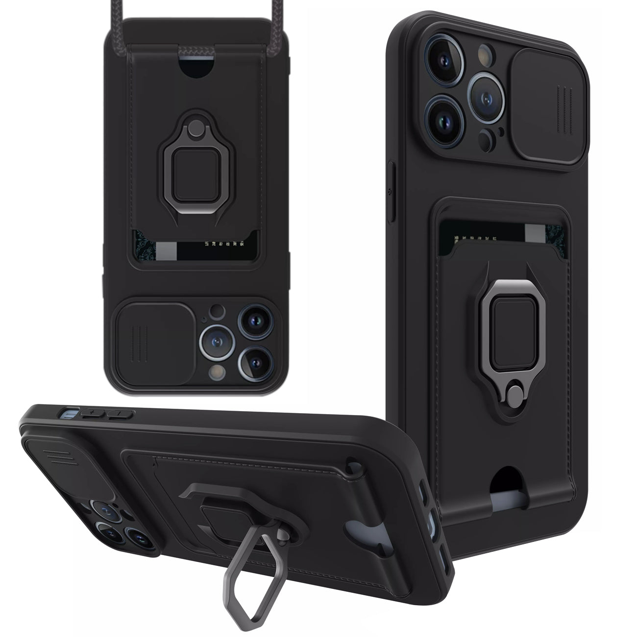 iPhone 12 Pro Compatible High Quality iPhone 12 Pro Case with Camera cover, Kickstand, Slide lens protection, Magnetic ring stand, Crossbody strap and Card holder In Black - Heavy Duty Protection by CELL DEMAND