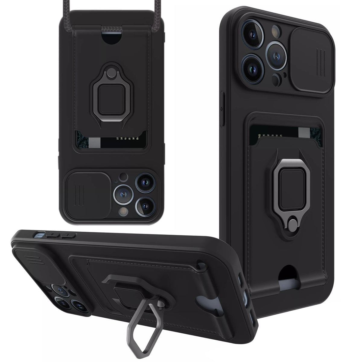 iPhone 12 Pro Compatible High Quality iPhone 12 Pro Case with Camera cover, Kickstand, Slide lens protection, Magnetic ring stand, Crossbody strap and Card holder In Black - Heavy Duty Protection by CELL DEMAND