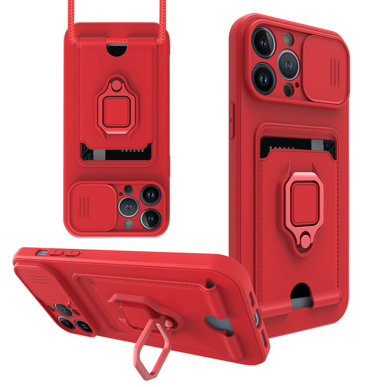 iPhone 12 Pro Compatible High Quality iPhone 12 Pro Case with Camera cover, Kickstand, Slide lens protection, Magnetic ring stand, Crossbody strap and Card holder In Red - Heavy Duty Protection by CELL DEMAND