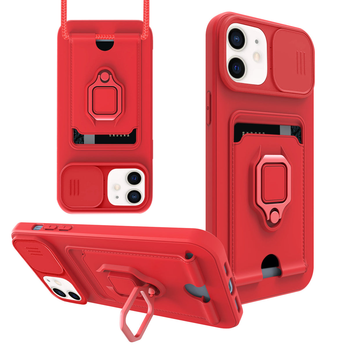 iPhone 12  Compatible High Quality iPhone 12 Case with Camera cover, Kickstand, Slide lens protection, Magnetic ring stand, Crossbody strap and Card holder In Red - Shockproof Protection by CELL DEMAND