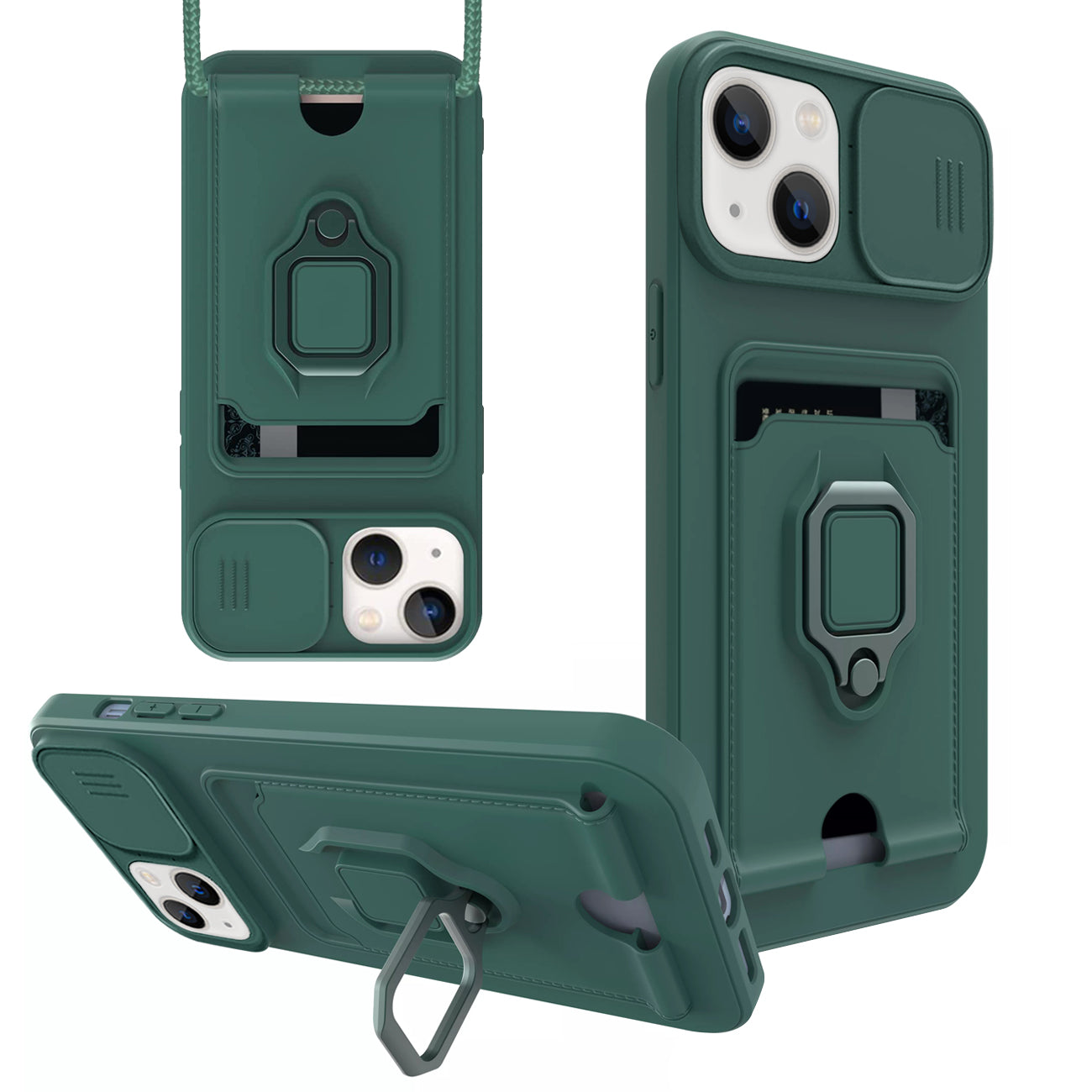 iPhone 13  Compatible High Quality iPhone 13 Case with Camera cover, Kickstand, Slide lens protection, Magnetic ring stand, Crossbody strap and Card holder In Green - Shockproof Protection by CELL DEMAND