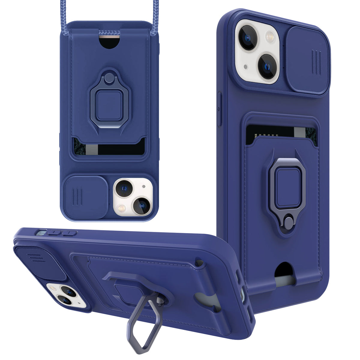 iPhone 13  Compatible High Quality iPhone 13 Case with Camera cover, Kickstand, Slide lens protection, Magnetic ring stand, Crossbody strap and Card holder In Navy - Heavy Duty Protection by CELL DEMAND