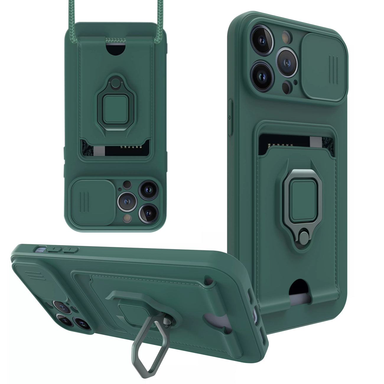 iPhone 13 Pro Compatible High Quality iPhone 13 Pro Case with Camera cover, Kickstand, Slide lens protection, Magnetic ring stand, Crossbody strap and Card holder In Green - Ultra-Slim Protection by CELL DEMAND