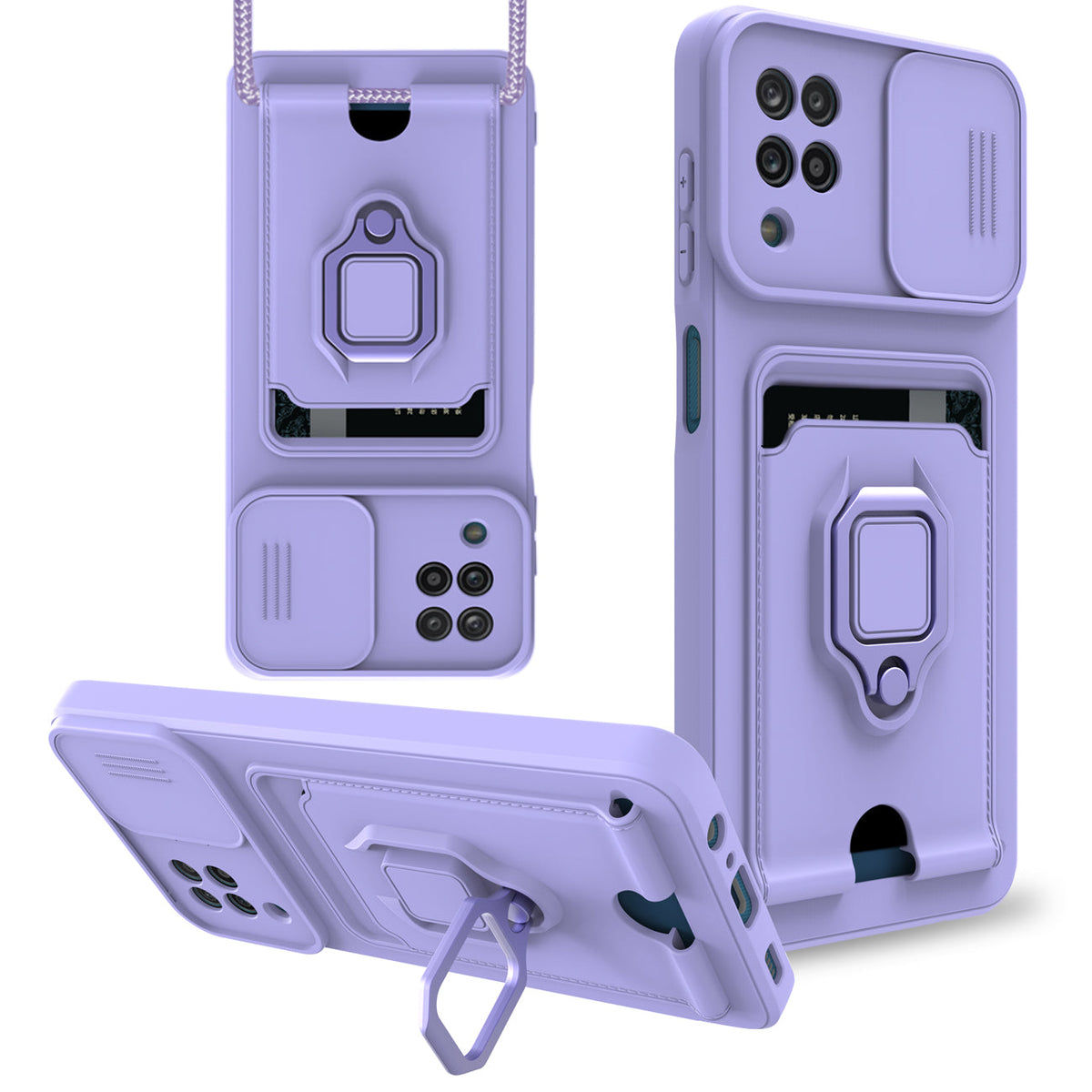 High Quality Samsung 12 5G Case with Camera cover, Kickstand, Slide lens protection, Magnetic ring stand, Crossbody strap and Card holder In Purple - Ultra-Slim & Reliable | CELL DEMAND Official