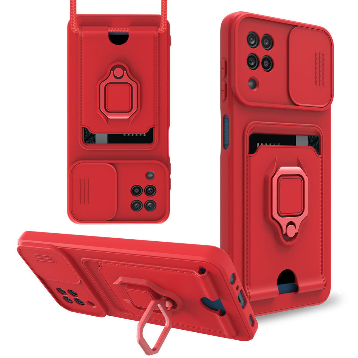 High Quality Samsung 12 5G Case with Camera cover, Kickstand, Slide lens protection, Magnetic ring stand, Crossbody strap and Card holder In Red - Premium & Reliable | CELL DEMAND Official