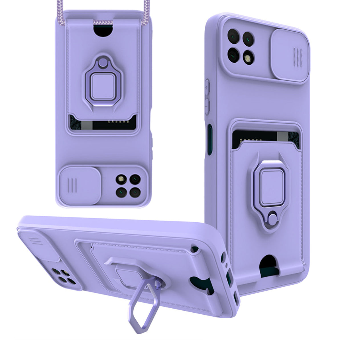 High Quality Samsung 22 5G Case with Camera cover, Kickstand, Slide lens protection, Magnetic ring stand, Crossbody strap and Card holder In Purple - Shockproof & Reliable | CELL DEMAND Official