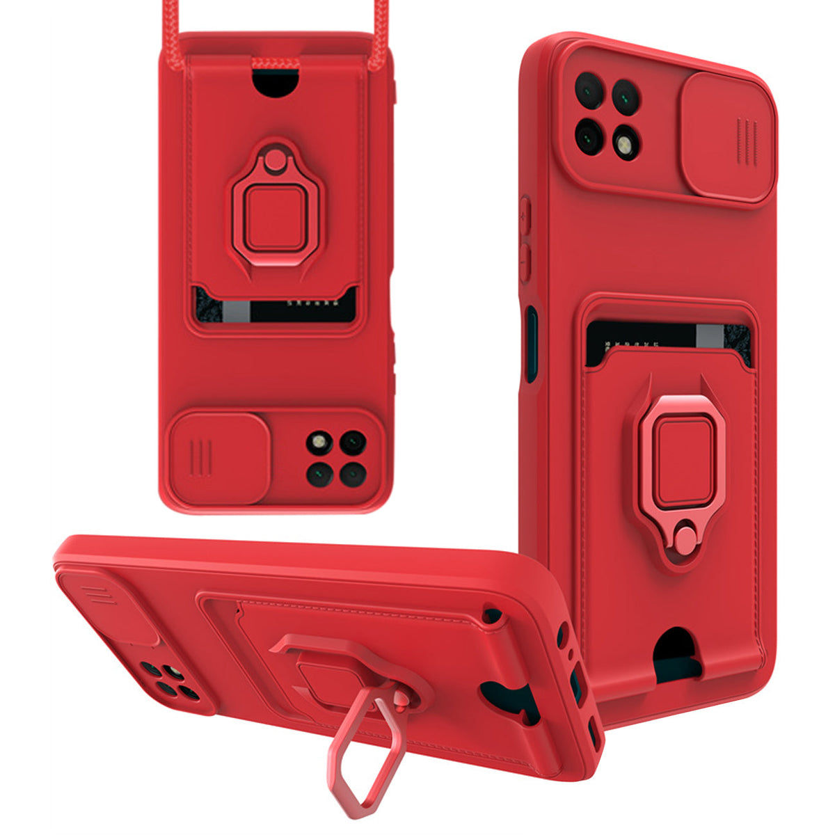 High Quality Samsung 22 5G Case with Camera cover, Kickstand, Slide lens protection, Magnetic ring stand, Crossbody strap and Card holder In Red - Premium & Reliable | CELL DEMAND Official