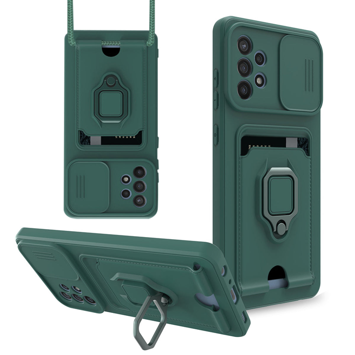 High Quality Samsung 32 5G Case with Camera cover, Kickstand, Slide lens protection, Magnetic ring stand, Crossbody strap and Card holder In Green - Shockproof & Reliable | CELL DEMAND Official