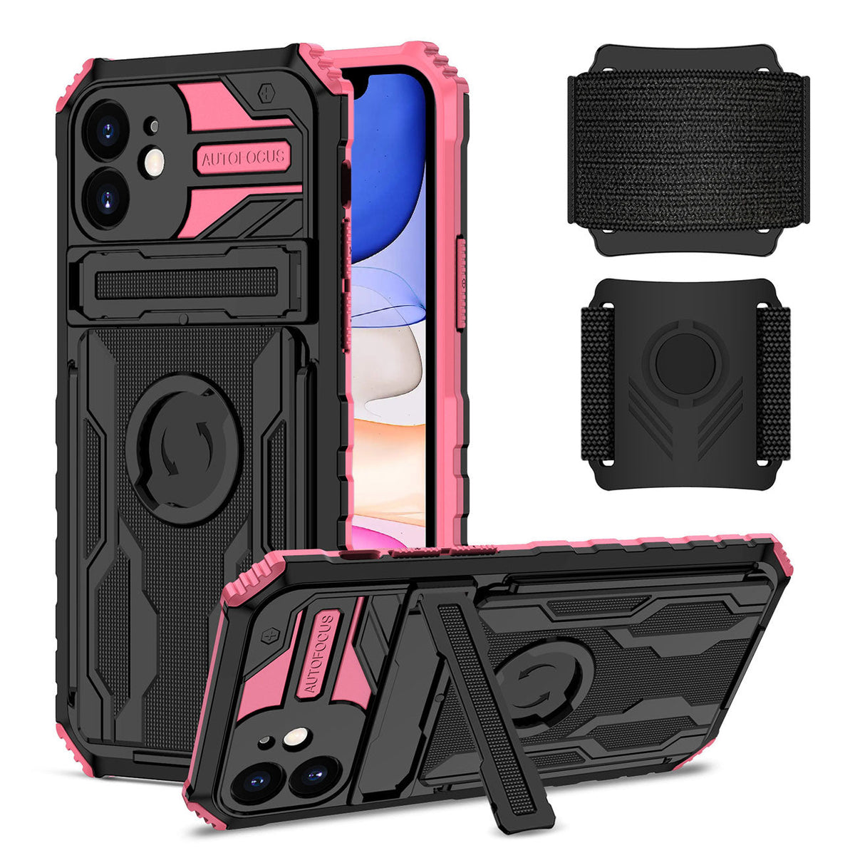 iPhone 11  Compatible High Elastic Plastic iPhone 11 Case with Kickstand, Sports Mobile Wristband and Card Slot In Pink - Ultra-Slim Protection by CELL DEMAND