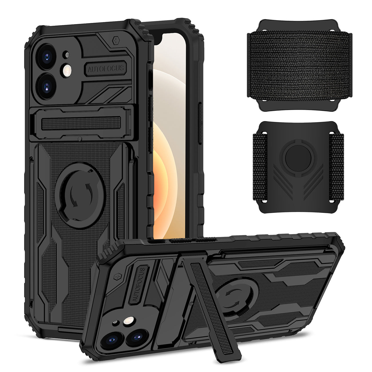 iPhone 12  Compatible High Elastic Plastic iPhone 12 Case with Kickstand, Sports Mobile Wristband and Card Slot In Black - Heavy Duty Protection by CELL DEMAND