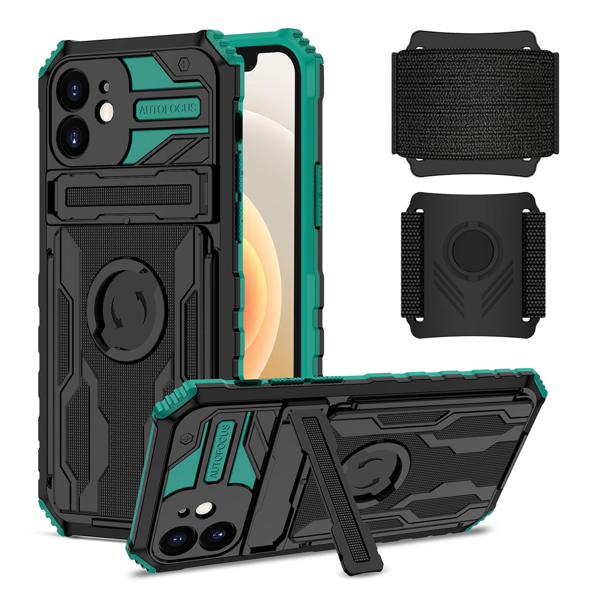 iPhone 12  Compatible High Elastic Plastic iPhone 12 Case with Kickstand, Sports Mobile Wristband and Card Slot In Green - Heavy Duty Protection by CELL DEMAND