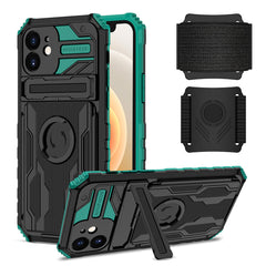 iPhone 12  Compatible High Elastic Plastic iPhone 12 Case with Kickstand, Sports Mobile Wristband and Card Slot In Green - Heavy Duty Protection by CELL DEMAND