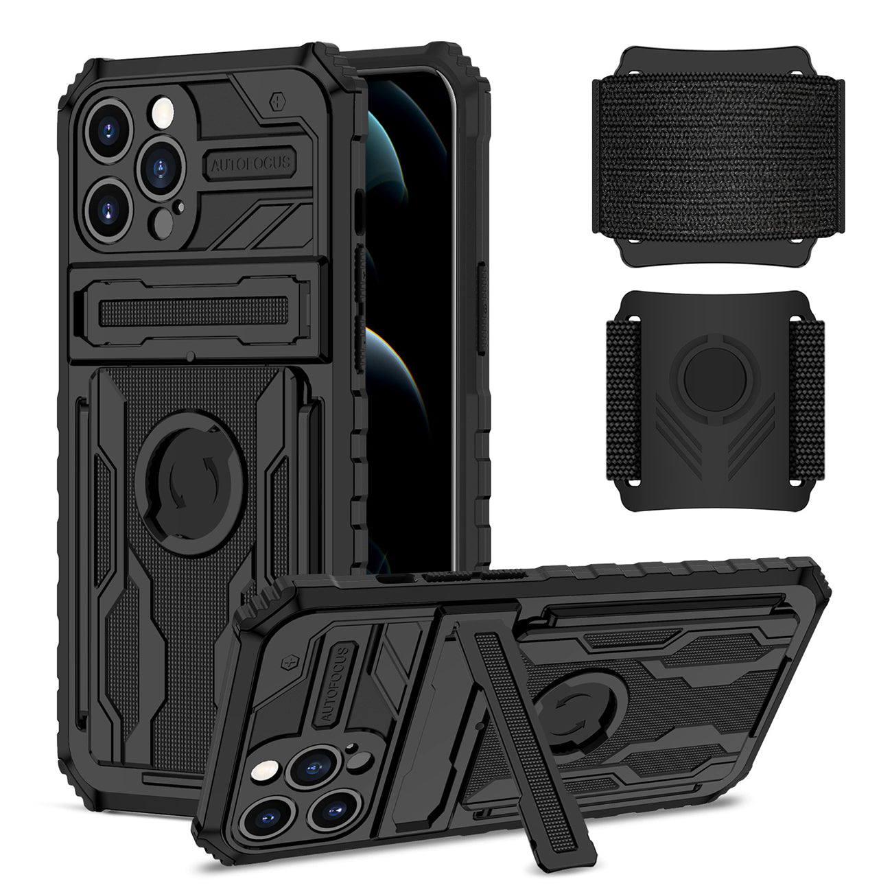 iPhone 12 Max Compatible High Elastic Plastic iPhone 12 Max Case with Kickstand, Sports Mobile Wristband and Card Slot In Black - Durable Protection by CELL DEMAND