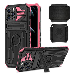 iPhone 12 Max Compatible High Elastic Plastic iPhone 12 Max Case with Kickstand, Sports Mobile Wristband and Card Slot In Pink - Heavy Duty Protection by CELL DEMAND