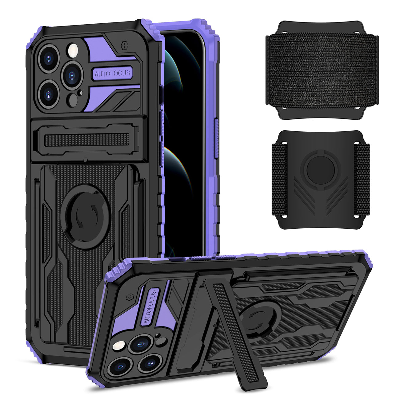 iPhone 12 Max Compatible High Elastic Plastic iPhone 12 Max Case with Kickstand, Sports Mobile Wristband and Card Slot In Purple - Ultra-Slim Protection by CELL DEMAND