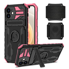 iPhone 12  Compatible High Elastic Plastic iPhone 12 Case with Kickstand, Sports Mobile Wristband and Card Slot In Pink - Durable Protection by CELL DEMAND
