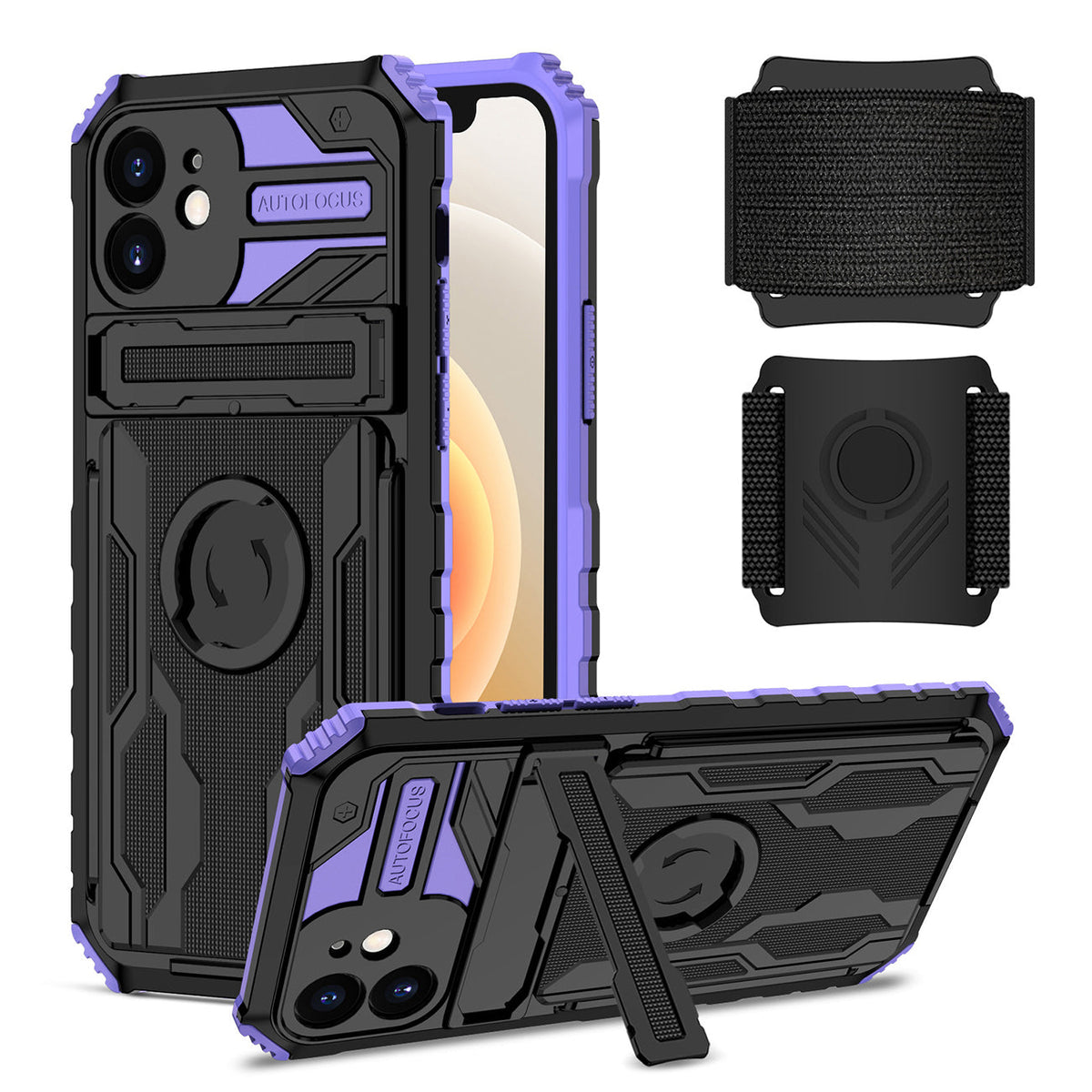 iPhone 12  Compatible High Elastic Plastic iPhone 12 Case with Kickstand, Sports Mobile Wristband and Card Slot In Purple - Ultra-Slim Protection by CELL DEMAND