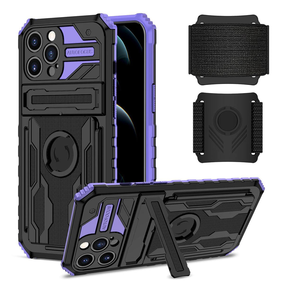 iPhone 12 Pro Compatible High Elastic Plastic iPhone 12 Pro Case with Kickstand, Sports Mobile Wristband and Card Slot In Purple - Durable Protection by CELL DEMAND